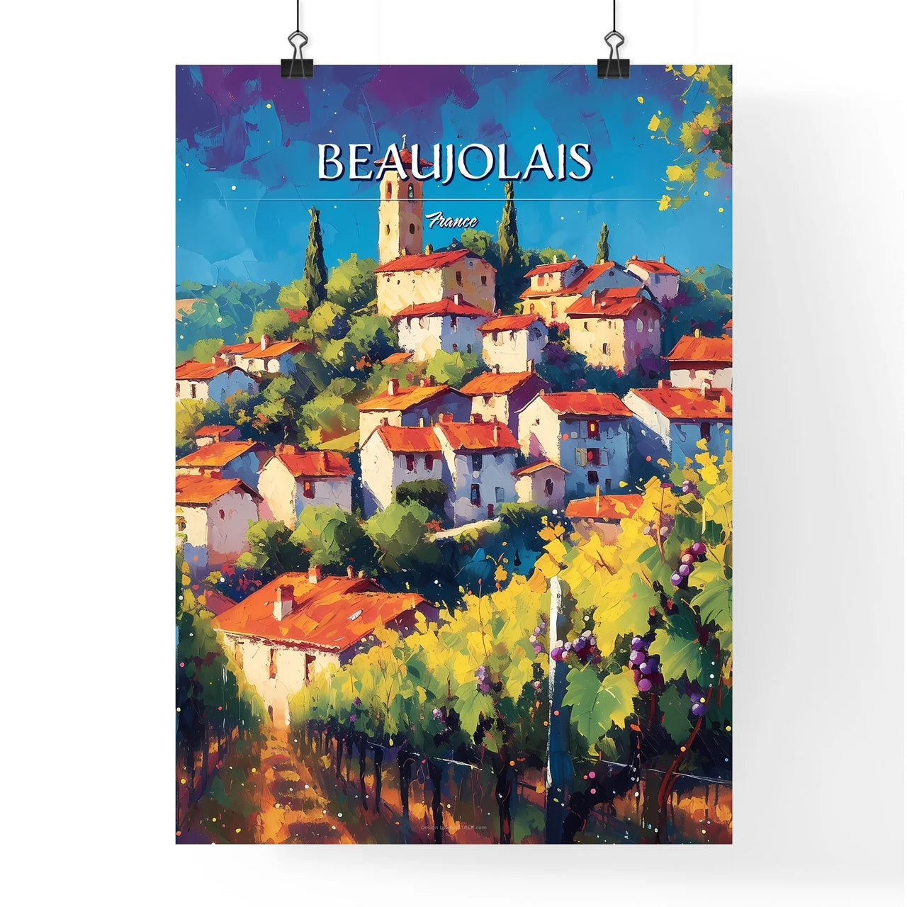 Beaujolais, France - Art print of a painting of a village Poster