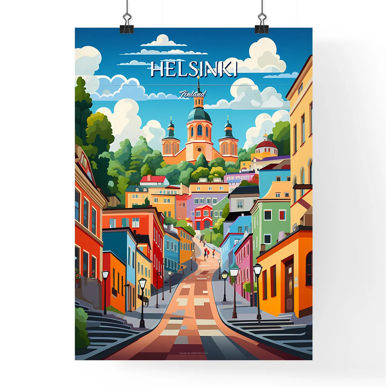 Helsinki, Finland - Art print of a colorful city with a steeple and trees Poster