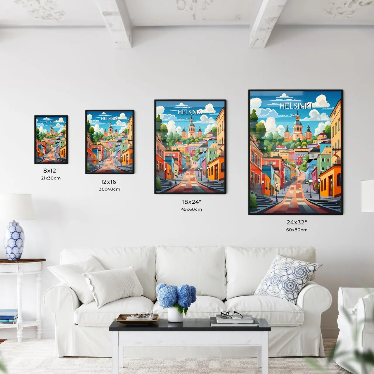 Helsinki, Finland - Art print of a colorful city with a steeple and trees Size Chart