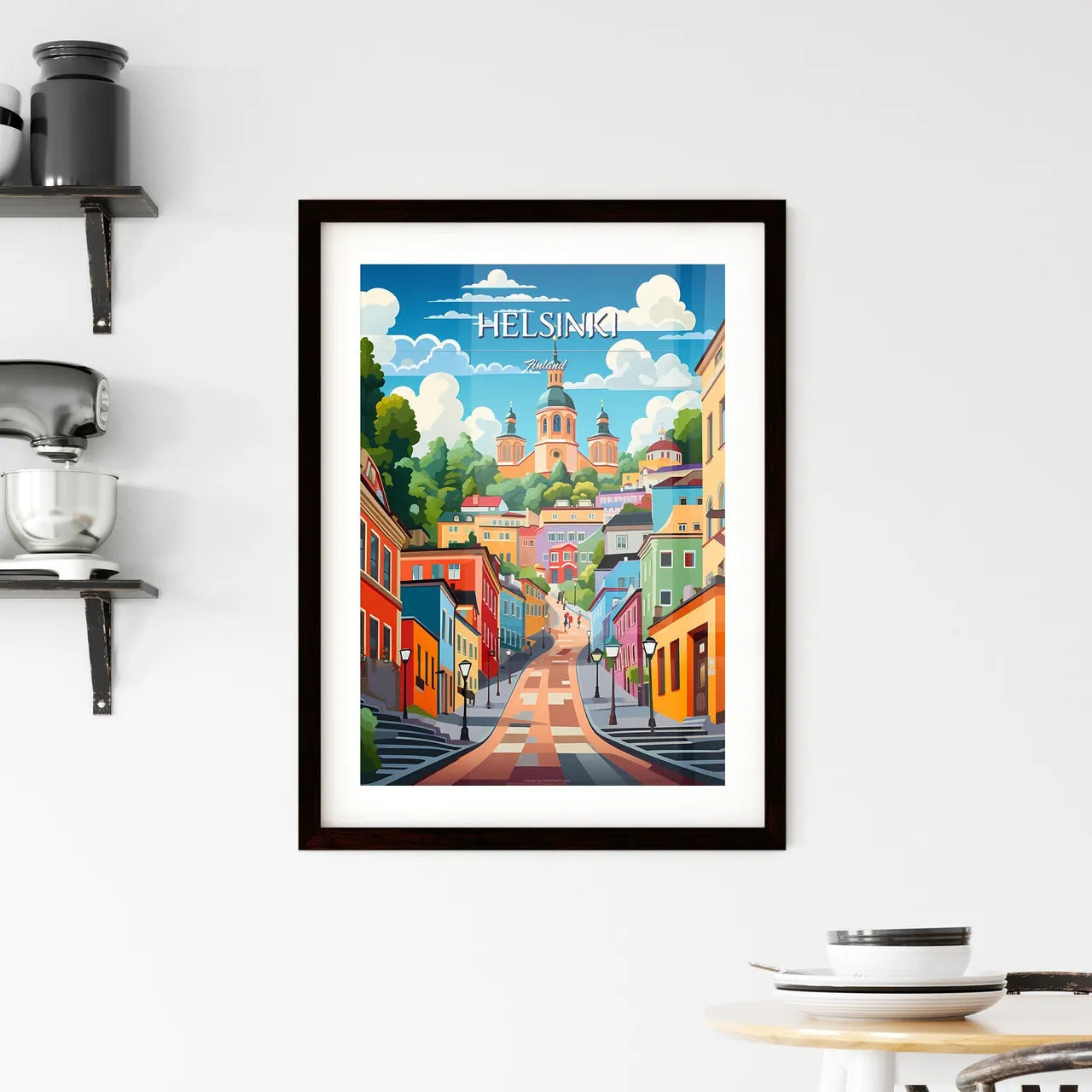 Helsinki, Finland - Art print of a colorful city with a steeple and trees Custom Print