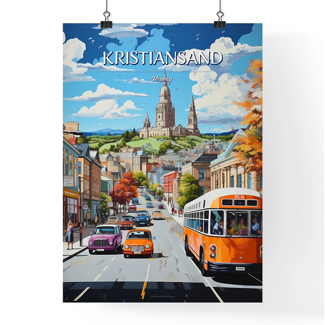 Kristiansand, Norway - Art print of a street with cars and buses on it Poster