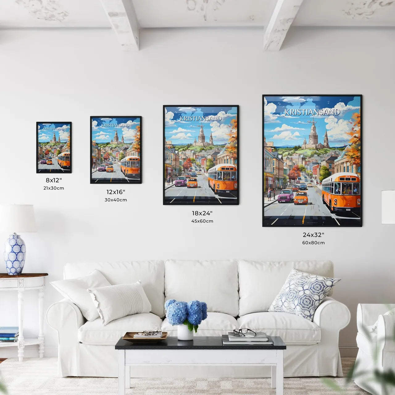 Kristiansand, Norway - Art print of a street with cars and buses on it Size Chart