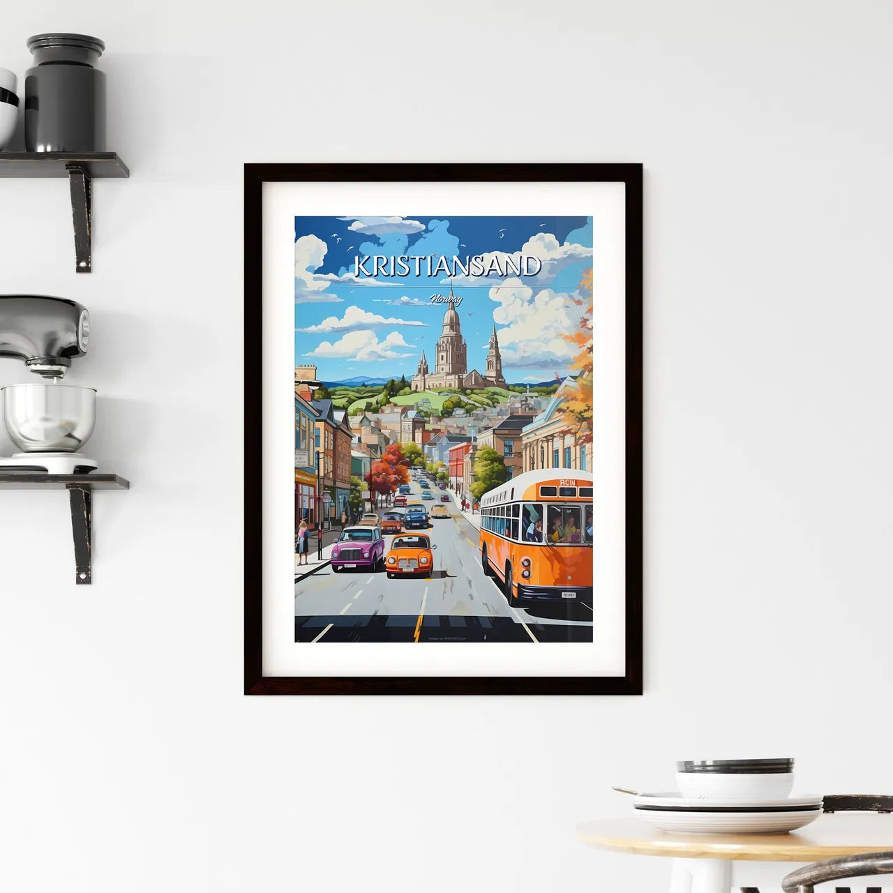 Kristiansand, Norway - Art print of a street with cars and buses on it Custom Print