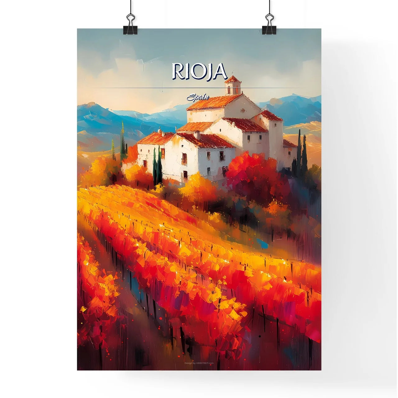 Rioja, Spain - Art print of a painting of a house on a hill with a vineyard Poster