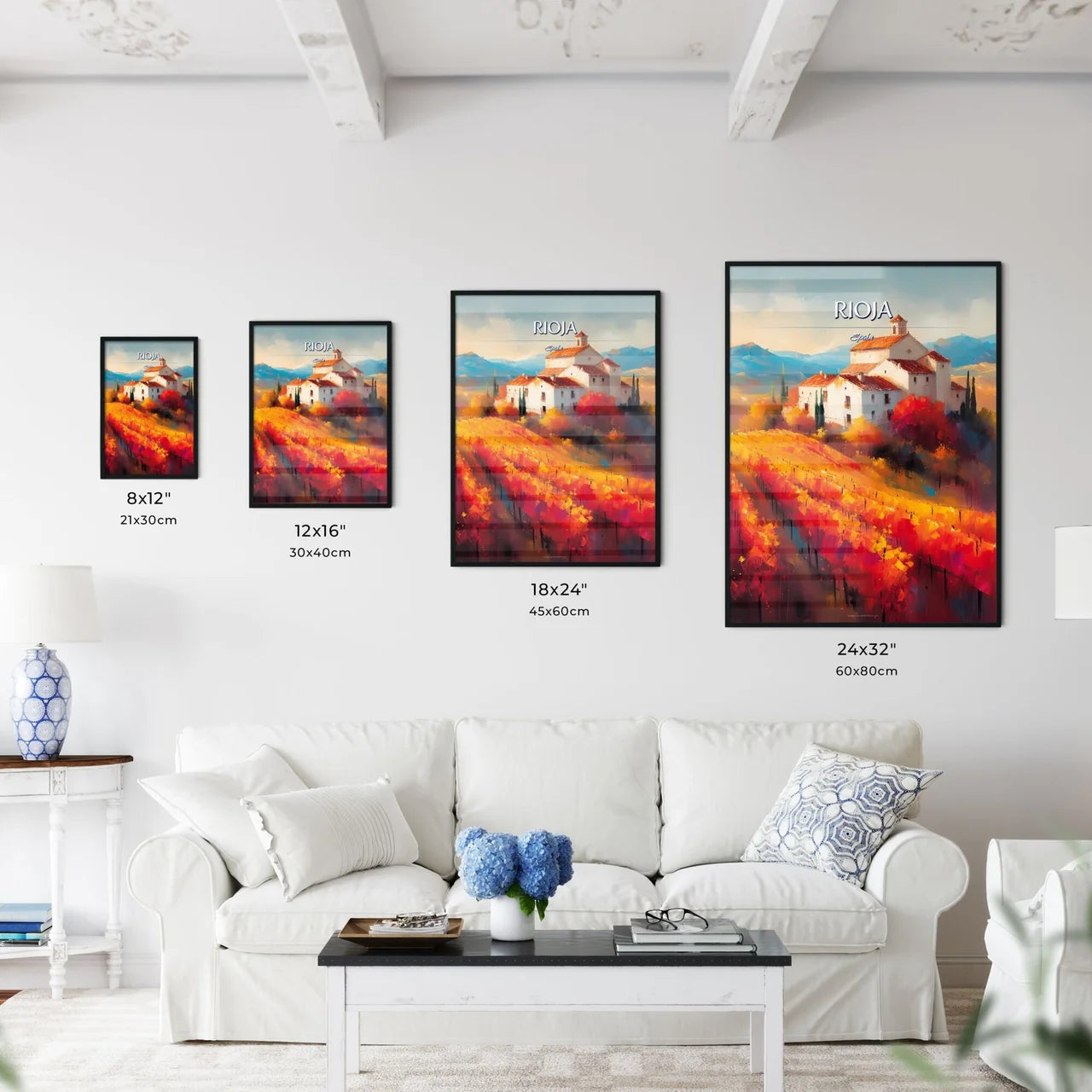 Rioja, Spain - Art print of a painting of a house on a hill with a vineyard Size Chart