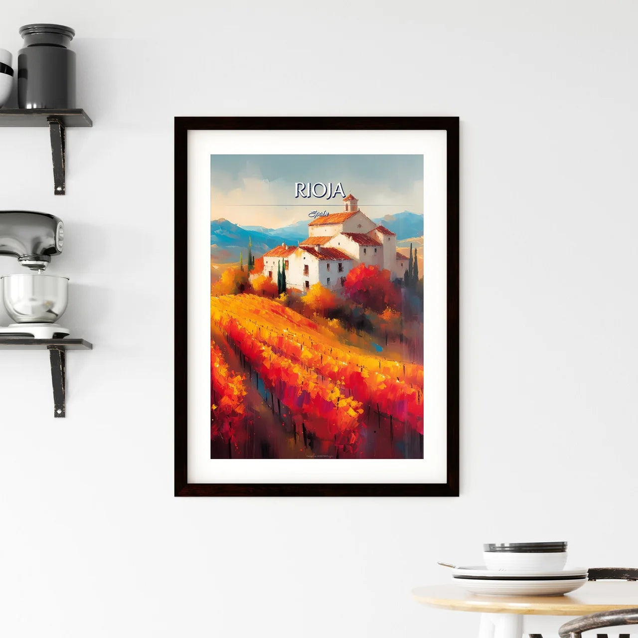 Rioja, Spain - Art print of a painting of a house on a hill with a vineyard Custom Print