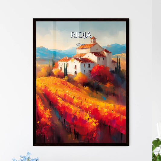Rioja, Spain - Art print of a painting of a house on a hill with a vineyard Framed Art