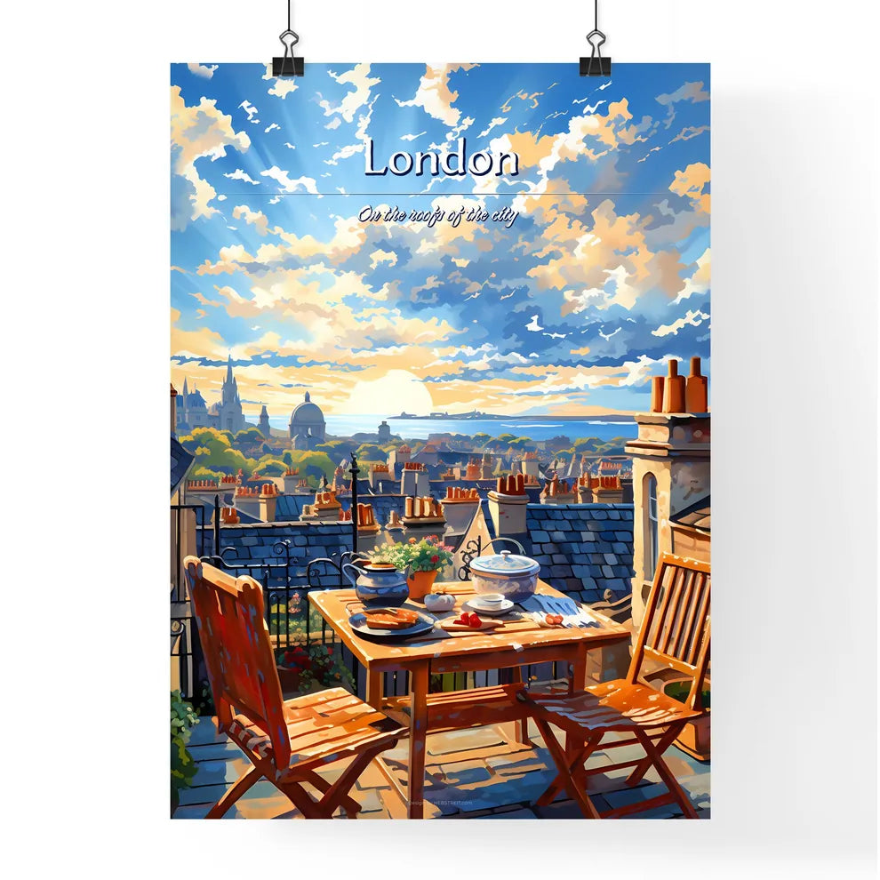 On the roofs of London, UK - Art print of a table and chairs on a rooftop overlooking a city Poster