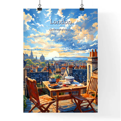 On the roofs of London, UK - Art print of a table and chairs on a rooftop overlooking a city