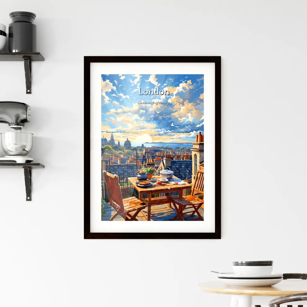On the roofs of London, UK - Art print of a table and chairs on a rooftop overlooking a city Custom Print
