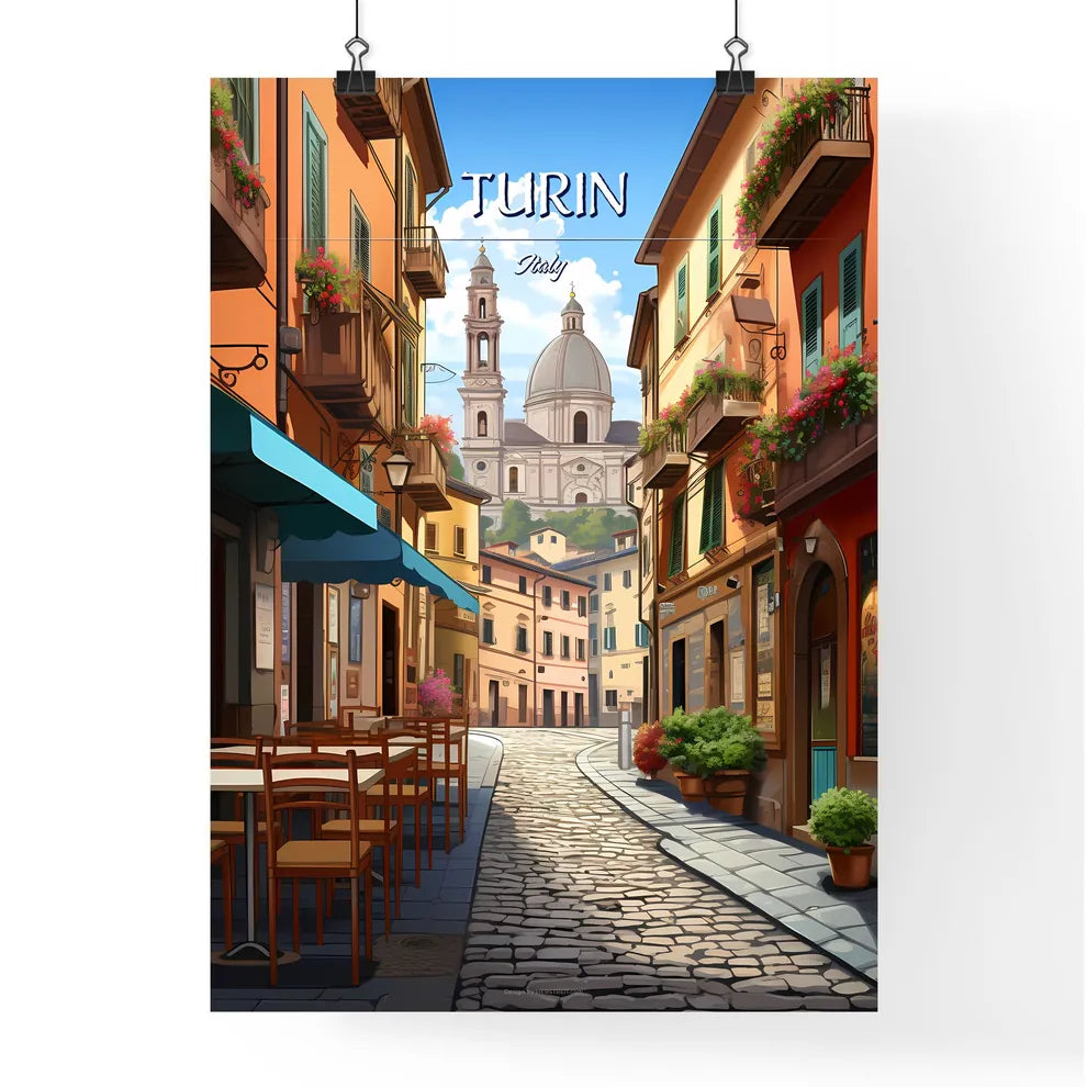 Turin, Italy - Art print of a street with tables and chairs in front of a building Poster