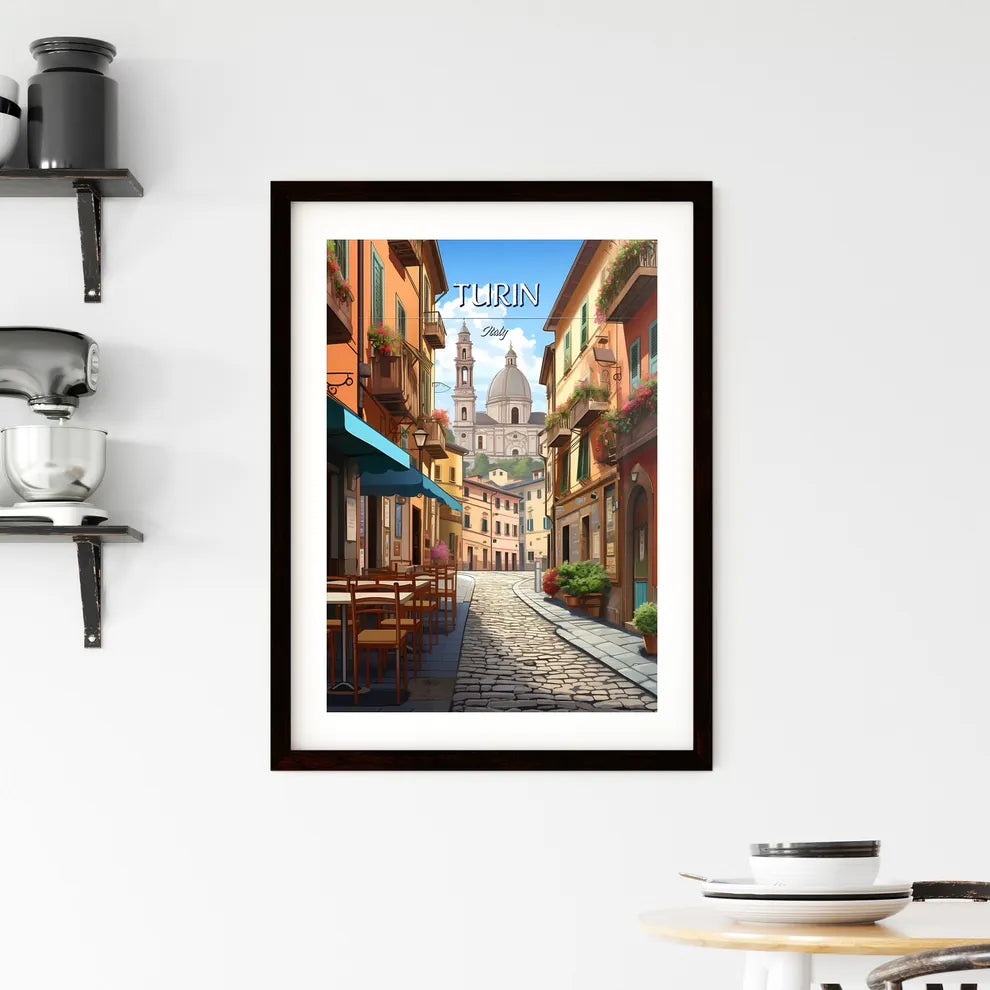 Turin, Italy - Art print of a street with tables and chairs in front of a building Custom Print