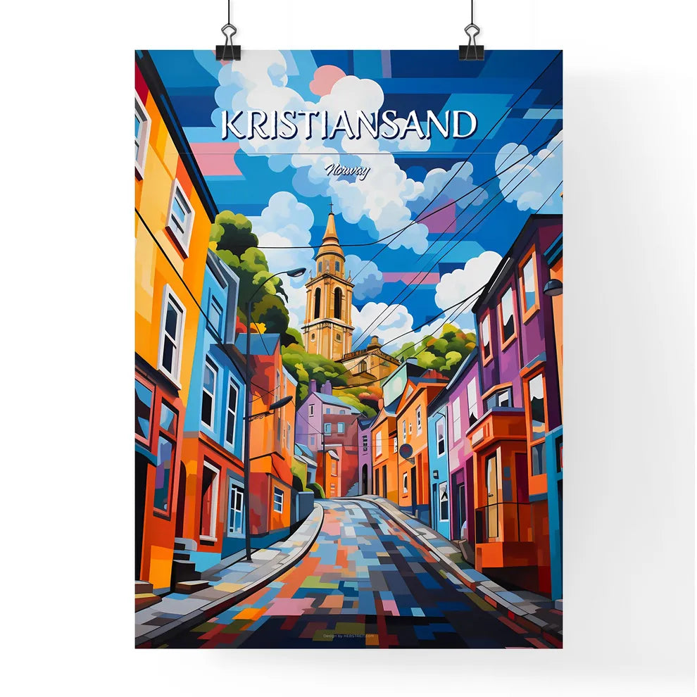 Kristiansand, Norway - Art print of a colorful street with a tower in the background Poster