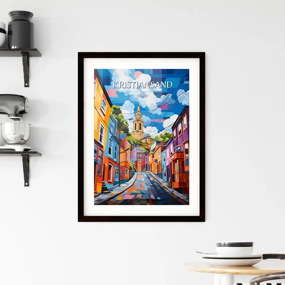 Kristiansand, Norway - Art print of a colorful street with a tower in the background Custom Print
