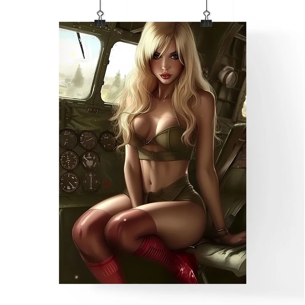 Blonde pin up girl in stockings with red hig Poster