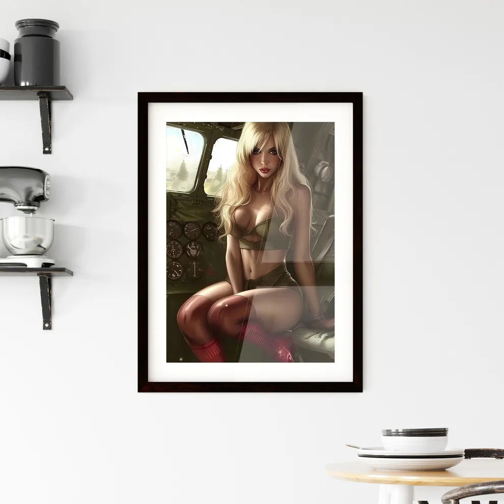 Blonde pin up girl in stockings with red hig Framed Print