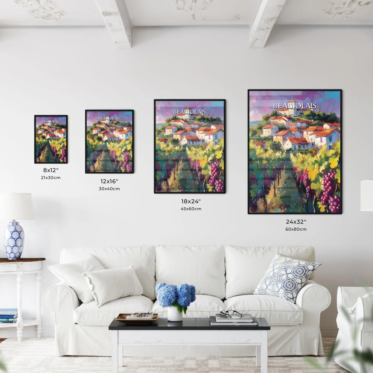 Beaujolais, France - Art print of a painting of a town on a hill with grapes Size Chart