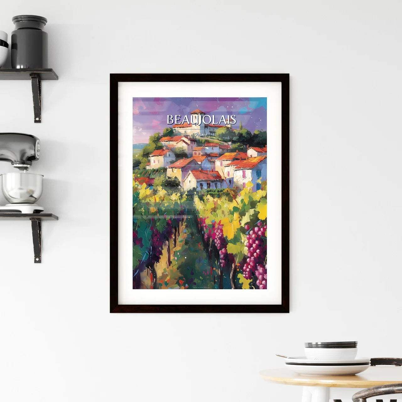 Beaujolais, France - Art print of a painting of a town on a hill with grapes Custom Print
