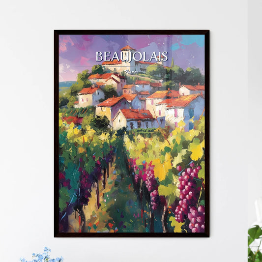 Beaujolais, France - Art print of a painting of a town on a hill with grapes Framed Art