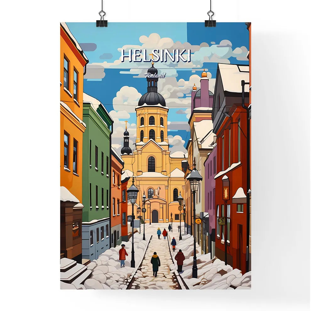 Helsinki, Finland - Art print of a snow covered street with buildings and people walking Poster