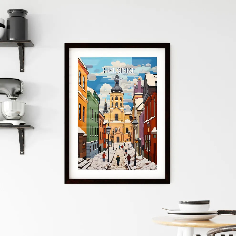 Helsinki, Finland - Art print of a snow covered street with buildings and people walking Custom Print