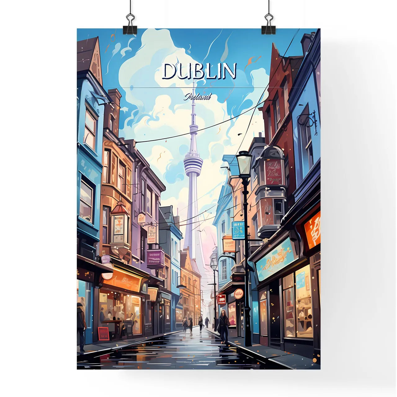 Dublin, Ireland - Art print of a street with buildings and a tower in the background Poster