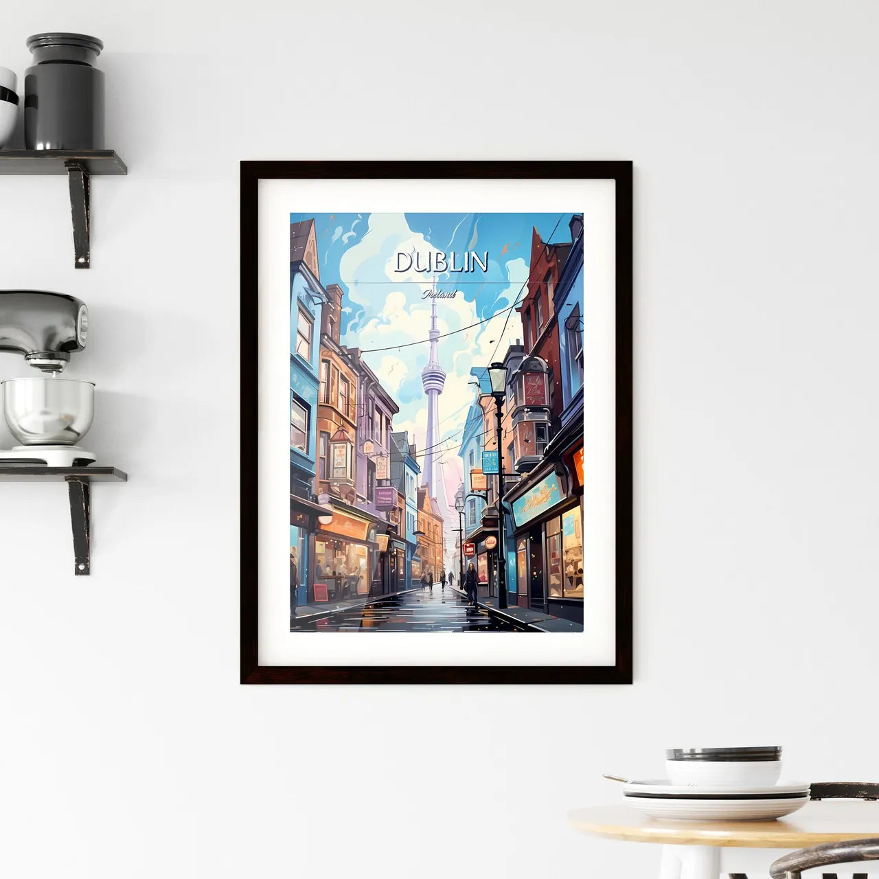 Dublin, Ireland - Art print of a street with buildings and a tower in the background Custom Print