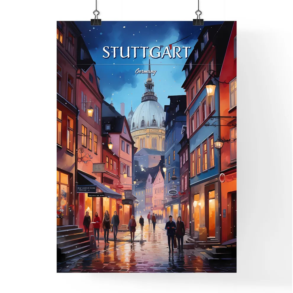 Stuttgart, Germany - Art print of a street with people walking down it Poster
