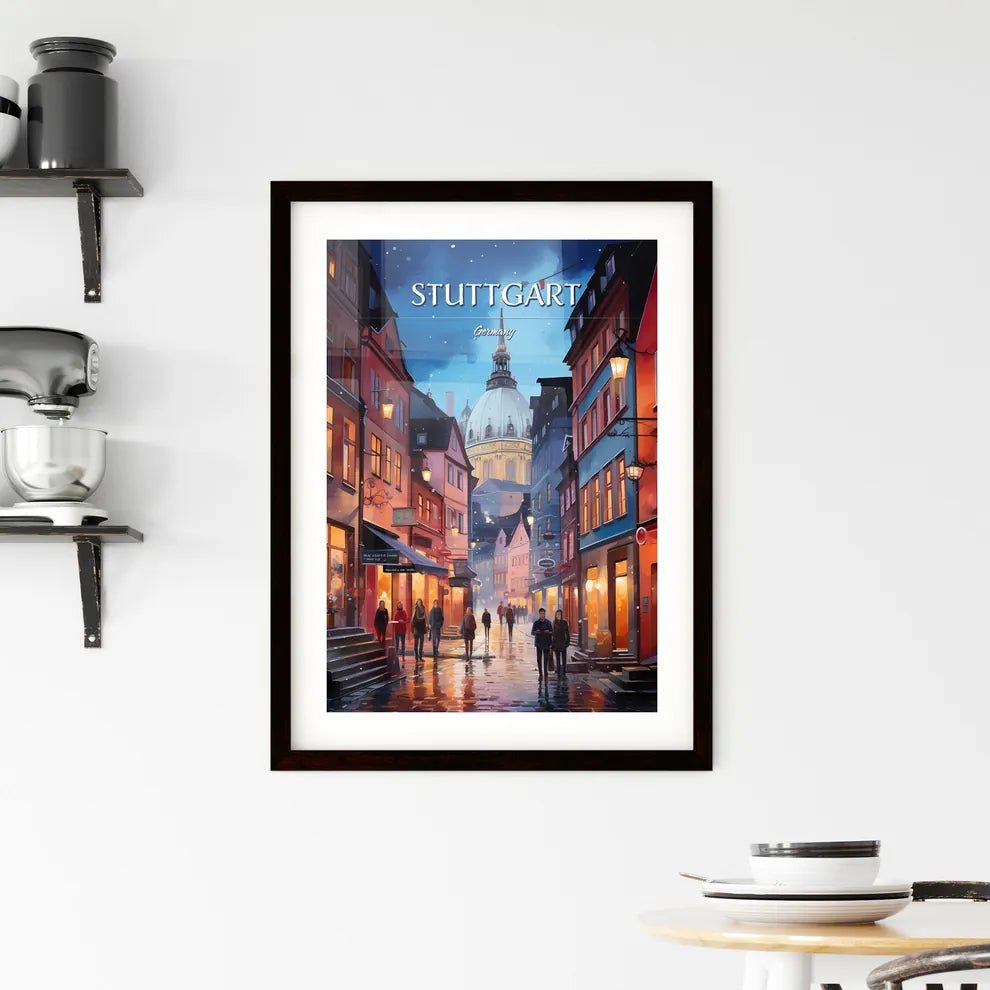 Stuttgart, Germany - Art print of a street with people walking down it Custom Print