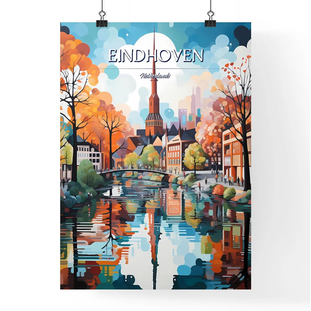 Eindhoven, Netherlands - Art print of a painting of a city with a river and trees Poster