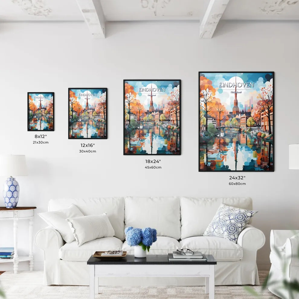 Eindhoven, Netherlands - Art print of a painting of a city with a river and trees Size Chart