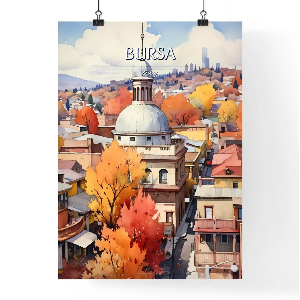 Bursa, Turkey - Art print of a watercolor painting of a city with orange trees Poster