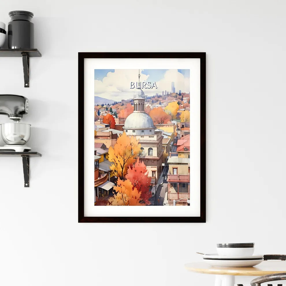 Bursa, Turkey - Art print of a watercolor painting of a city with orange trees Custom Print