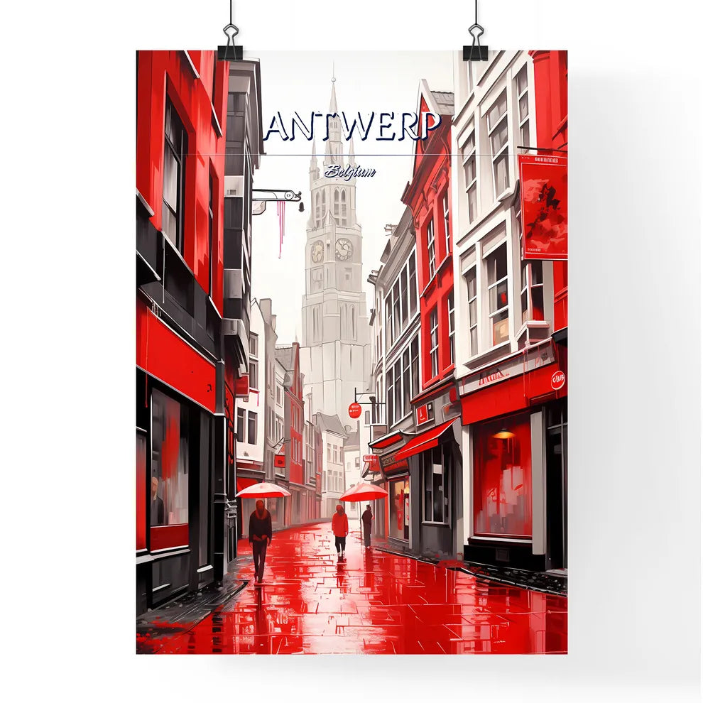 Antwerp, Belgium - Art print of a person walking down a street with red buildings and a clock tower Poster