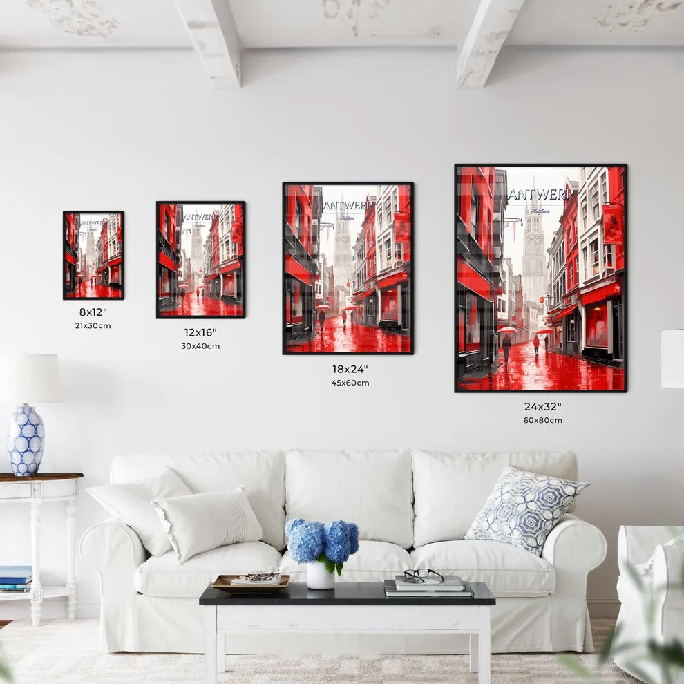 Antwerp, Belgium - Art print of a person walking down a street with red buildings and a clock tower Size Chart