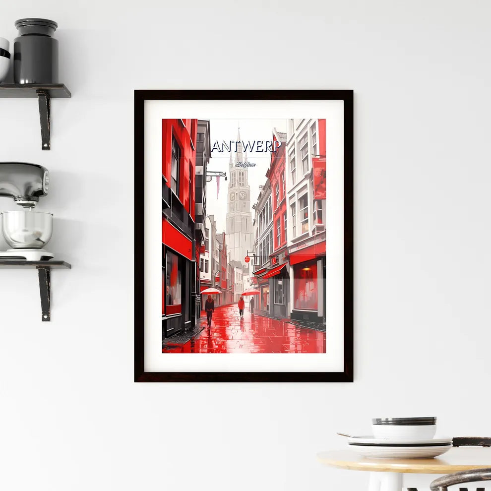 Antwerp, Belgium - Art print of a person walking down a street with red buildings and a clock tower Custom Print