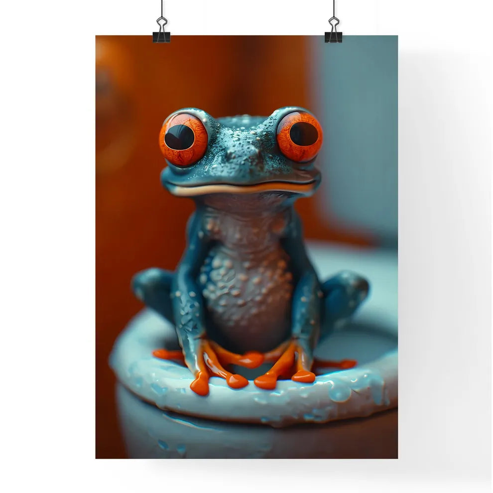 Frog sitting on a tiny toilet  Poster
