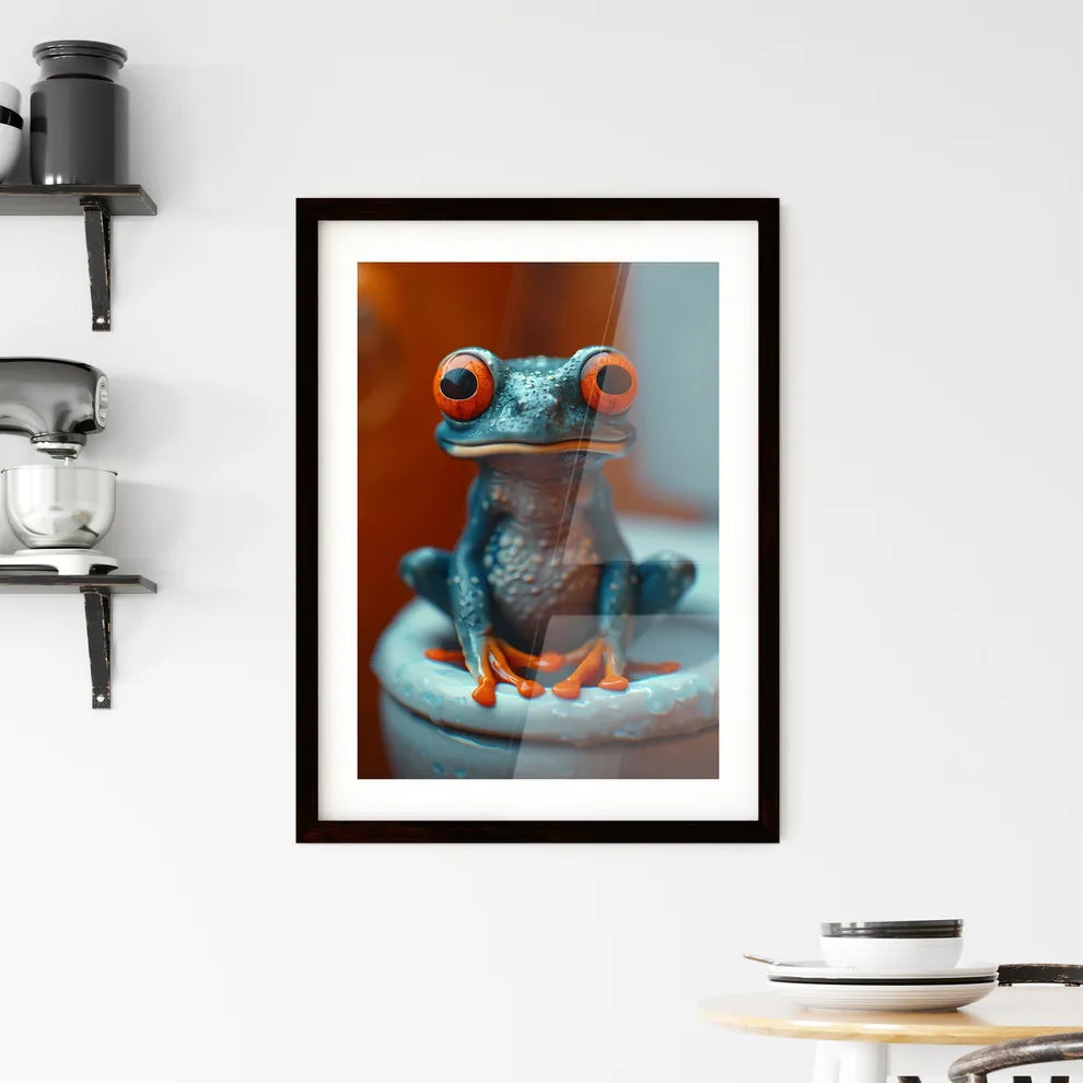 Frog sitting on a tiny toilet  Framed Print