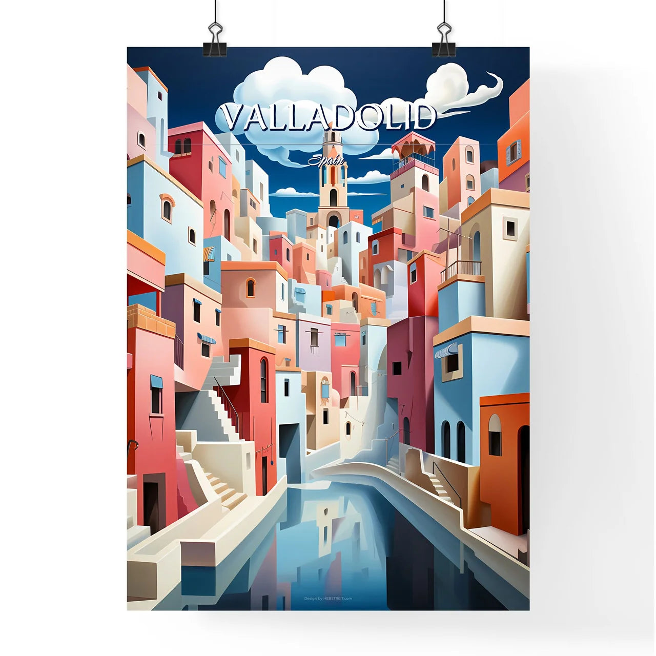 Valladolid, Spain - Art print of a colorful city with a river Poster