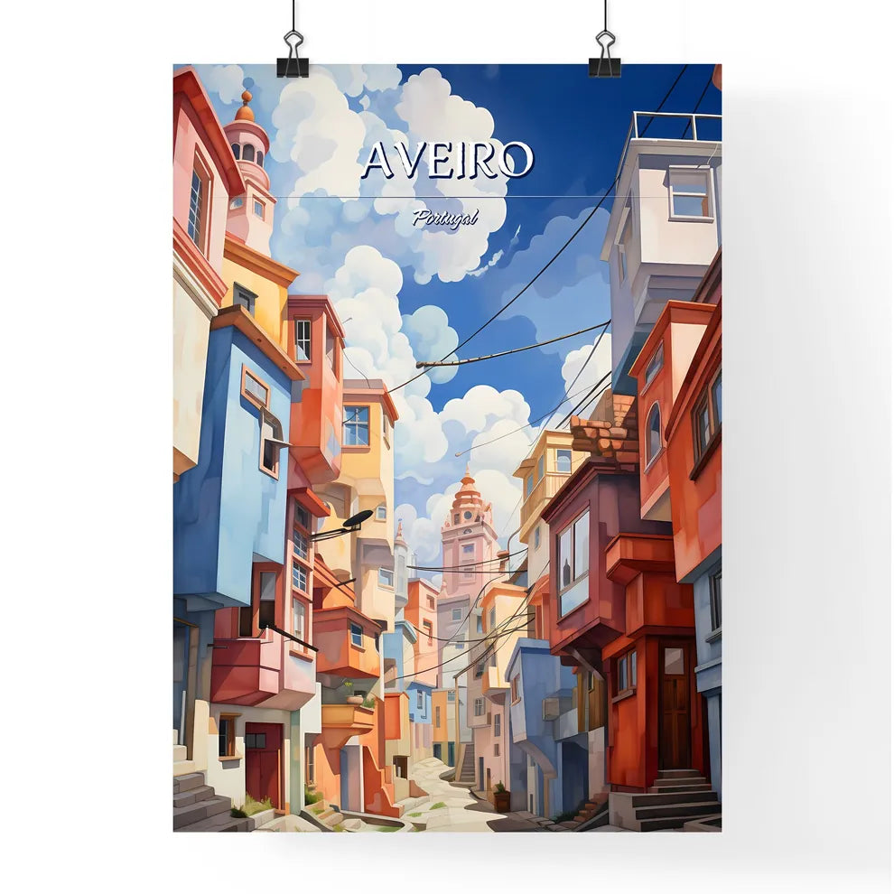 Aveiro, Portugal - Art print of a colorful city with buildings and clouds in the sky Poster