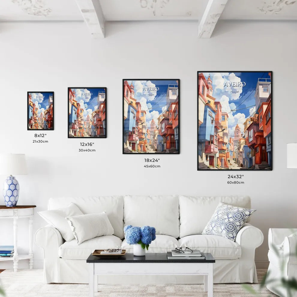 Aveiro, Portugal - Art print of a colorful city with buildings and clouds in the sky Size Chart