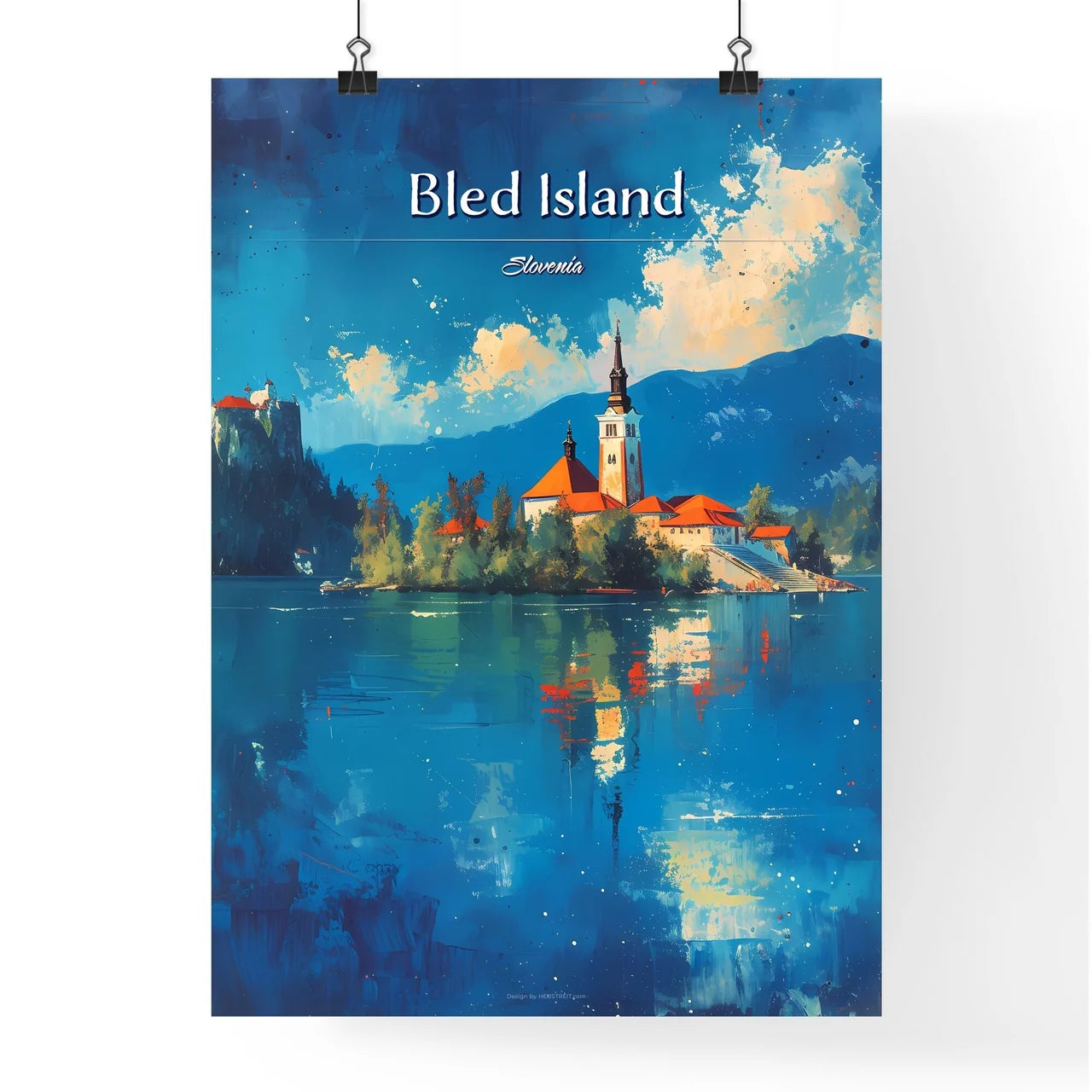 Bled Island, Slovenia - Art print of a building on an island in a lake Poster