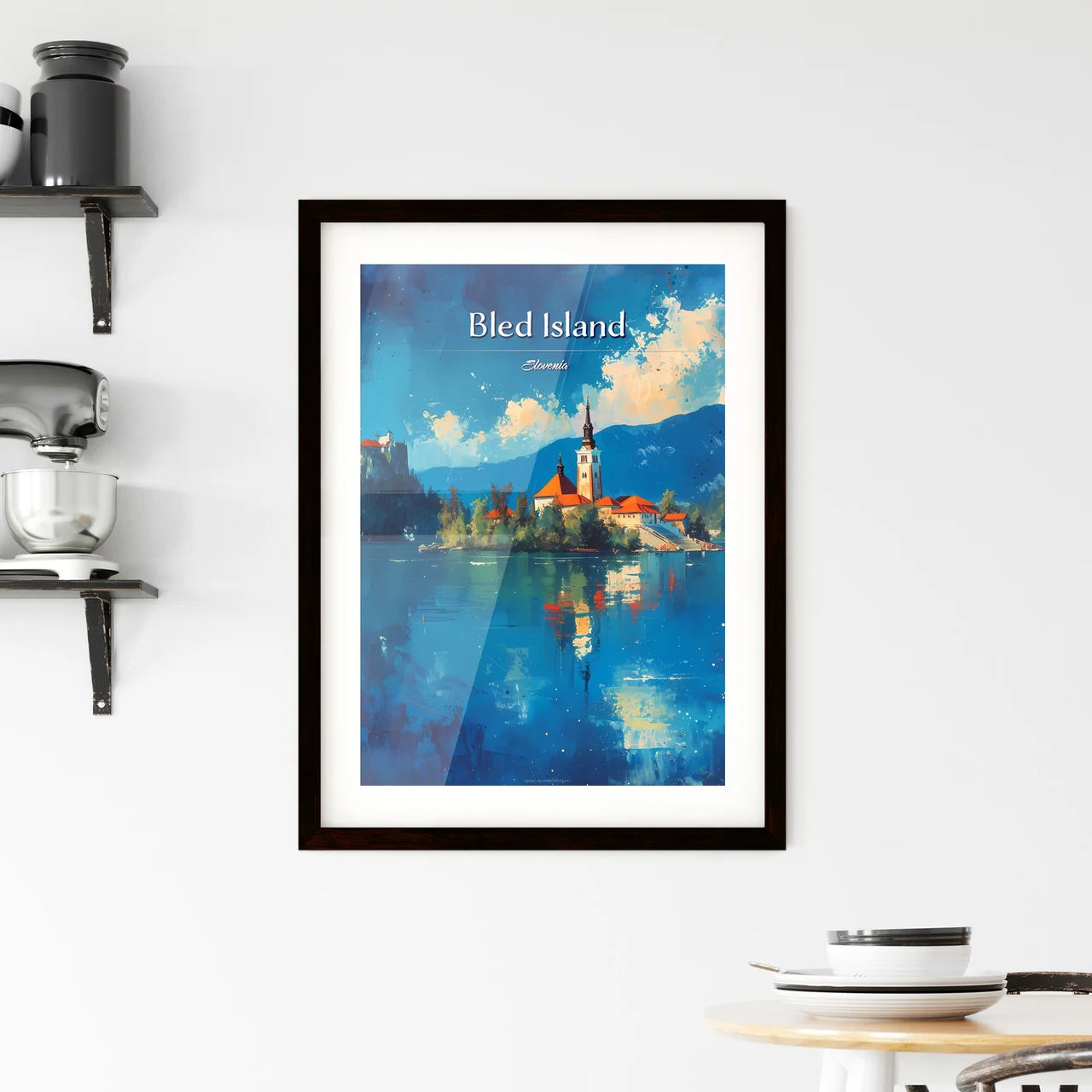 Bled Island, Slovenia - Art print of a building on an island in a lake Custom Print