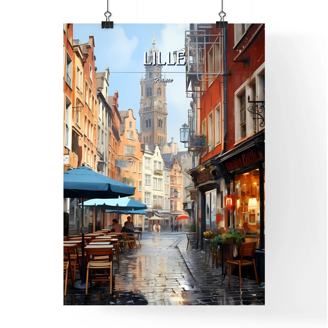 Lille, France - Art print of a street with tables and umbrellas in a city Poster