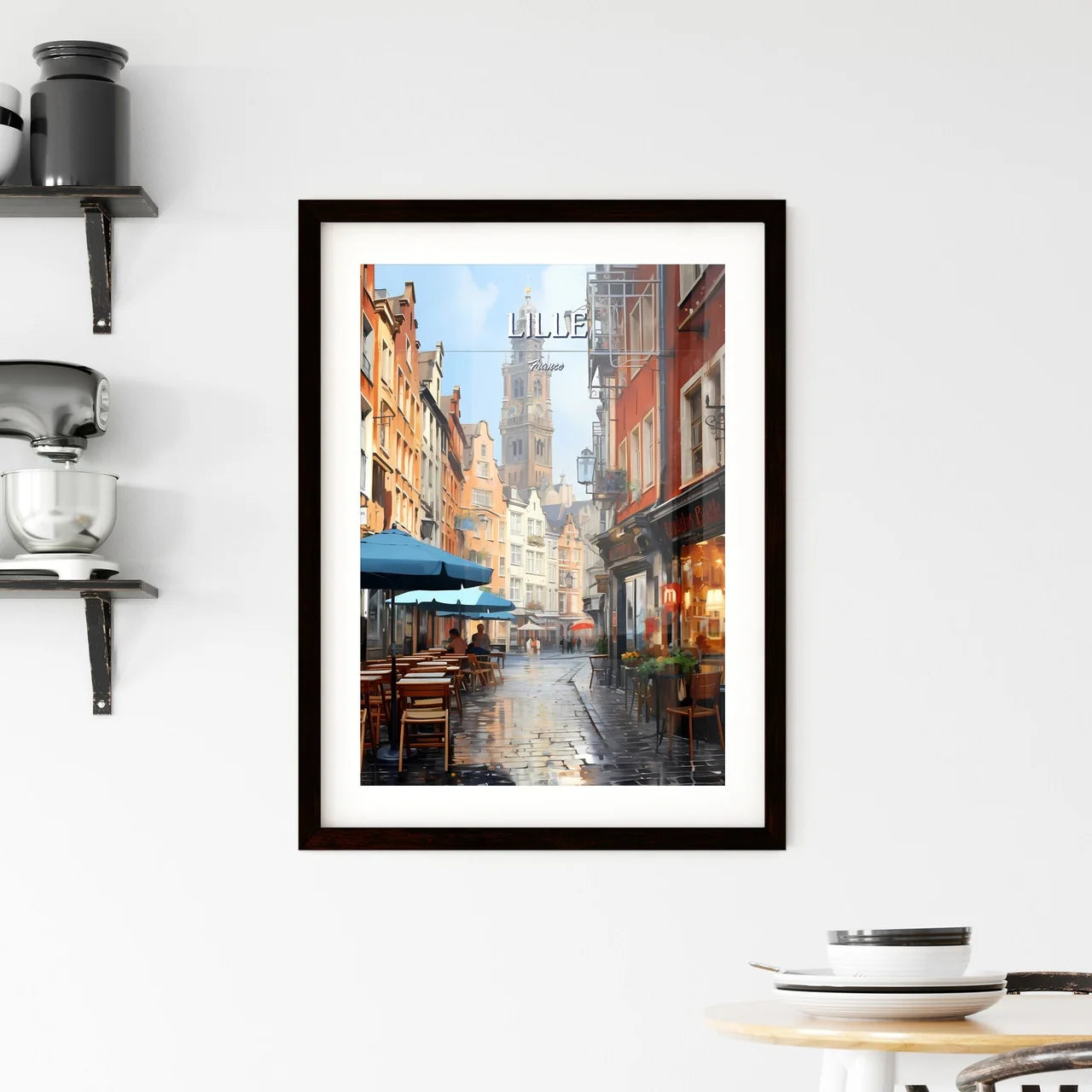 Lille, France - Art print of a street with tables and umbrellas in a city Custom Print