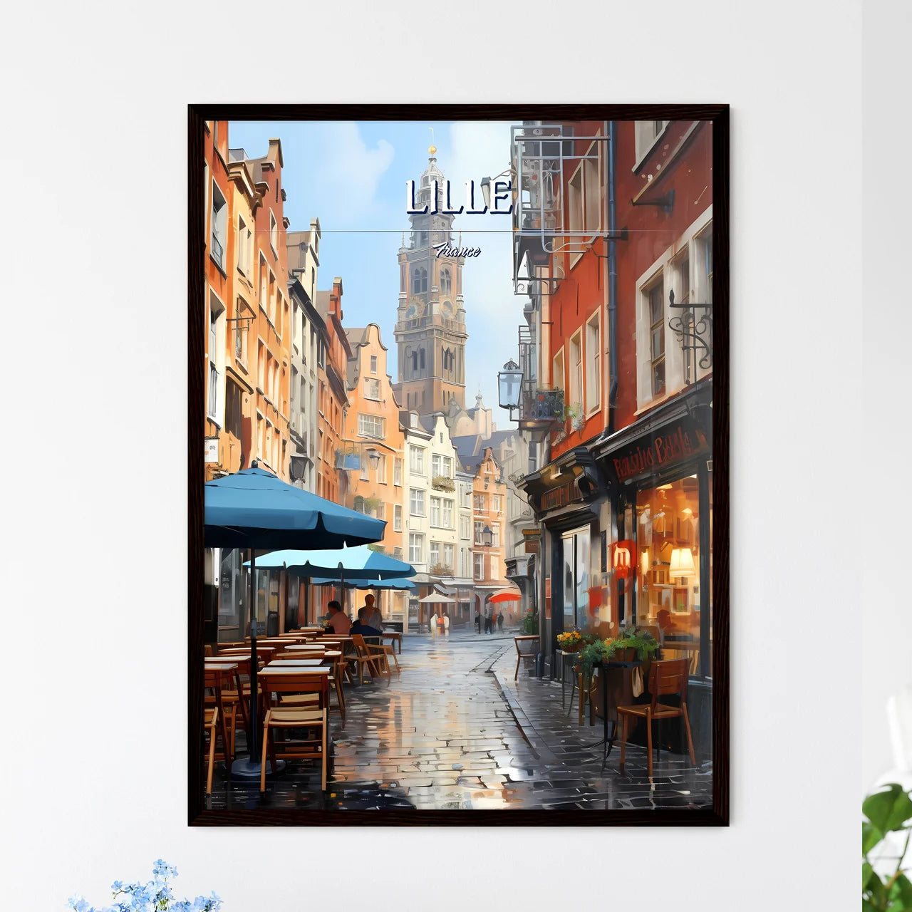 Lille, France - Art print of a street with tables and umbrellas in a city Framed Art