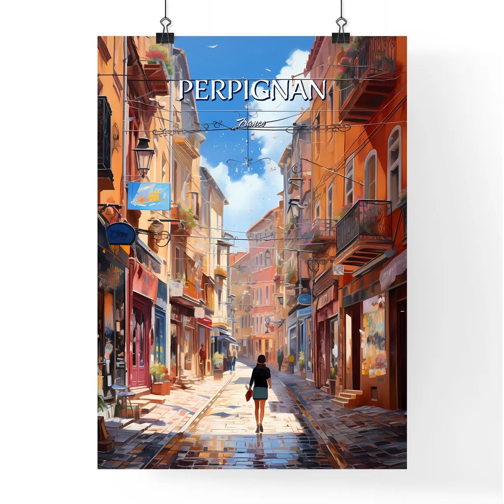 Perpignan, France - Art print of a woman walking down a narrow street with buildings Poster