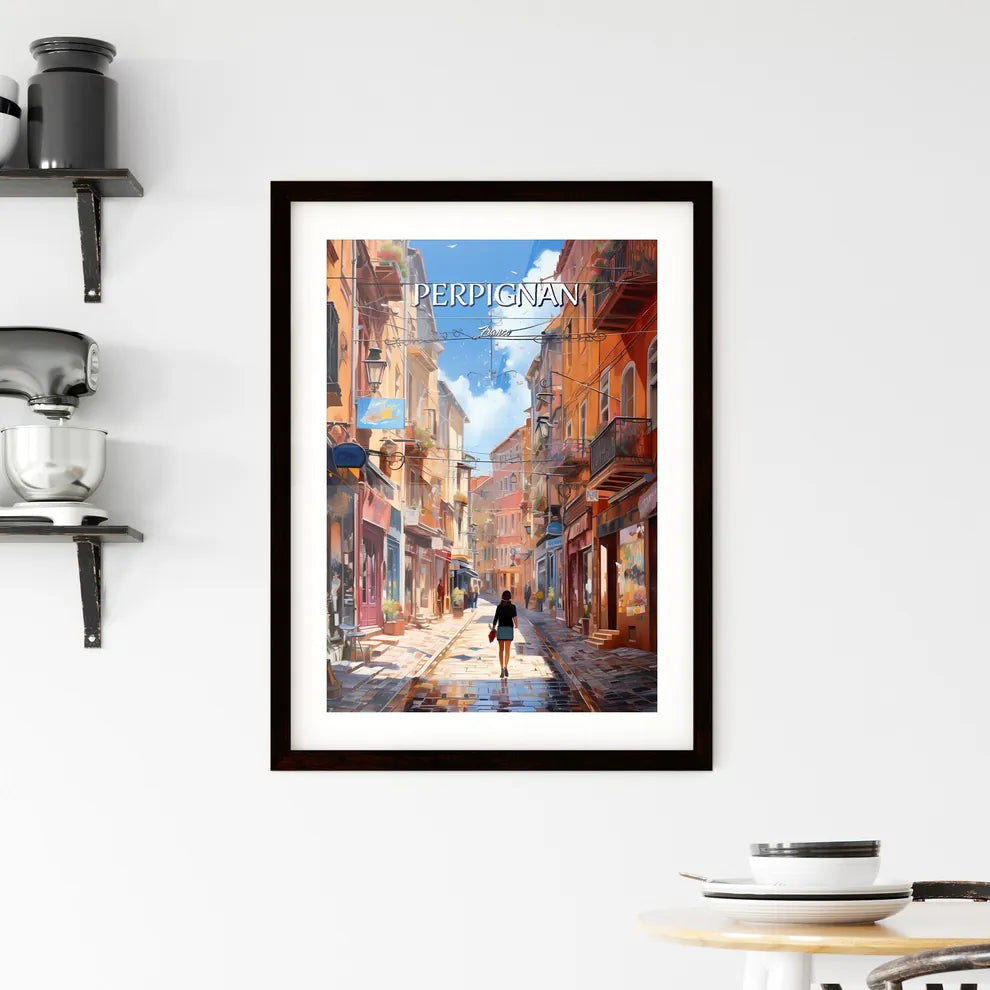 Perpignan, France - Art print of a woman walking down a narrow street with buildings Custom Print