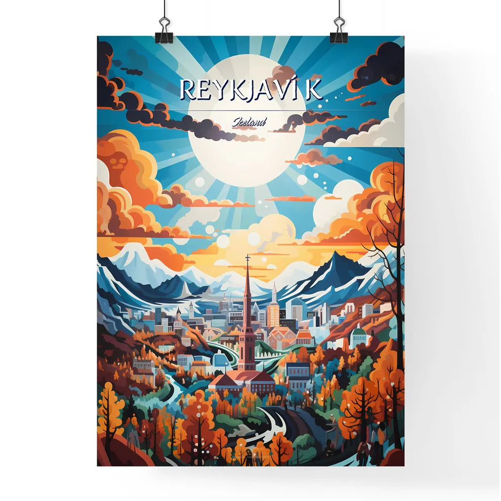 Reykjaví­k, Iceland - Art print of a city in the mountains Poster