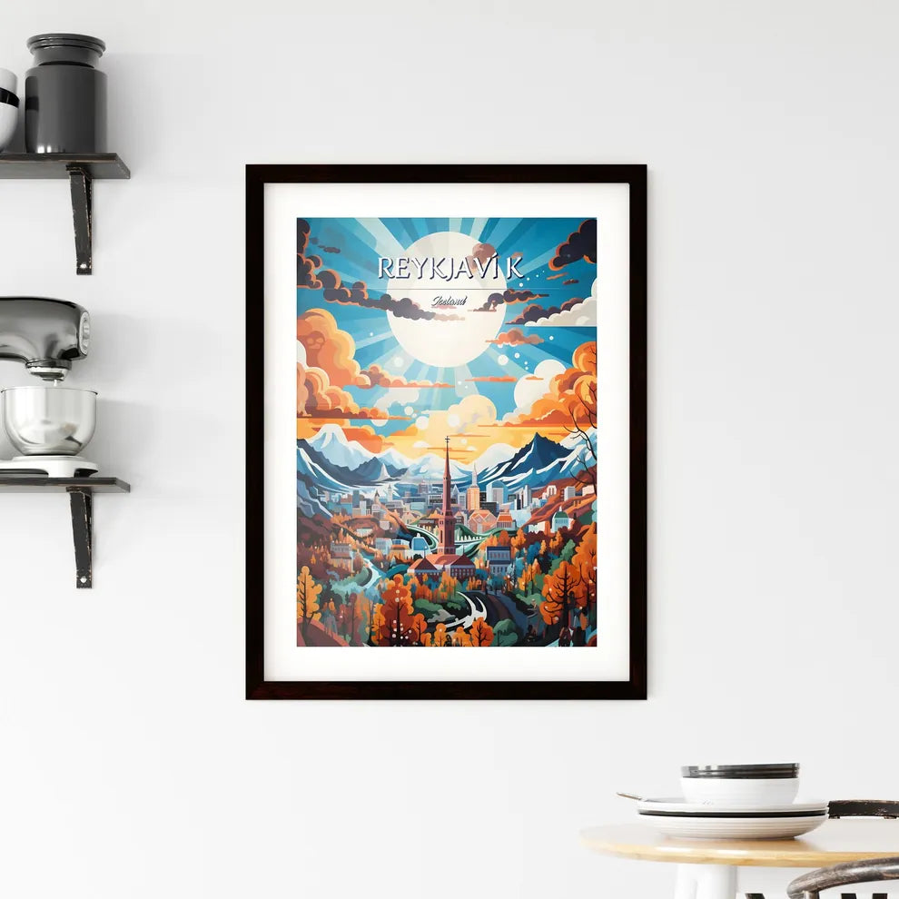 Reykjaví­k, Iceland - Art print of a city in the mountains Custom Print